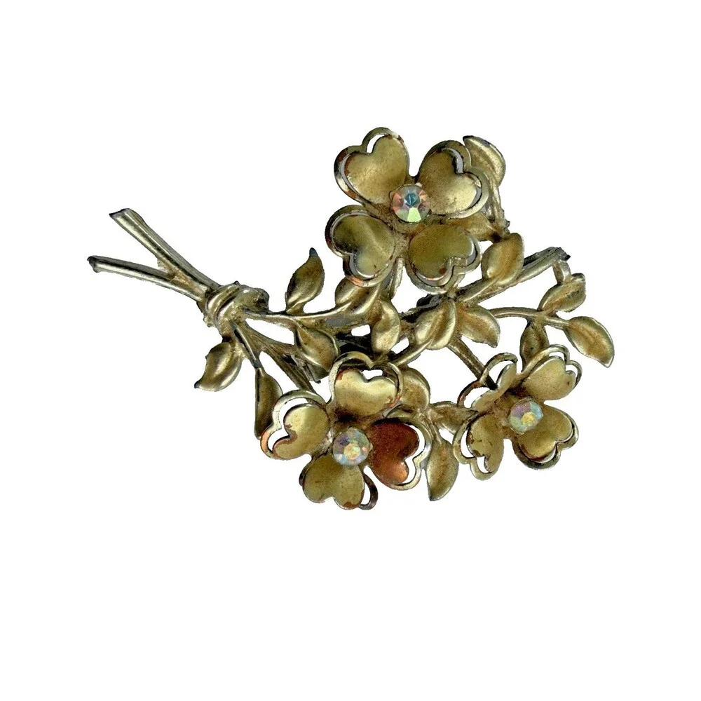Vintage 1950 Coro Floral Spray Brooch Gold Tone AB Rhinestone Flower Bouquet Pin